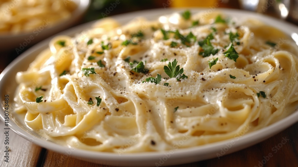 Creamy fettuccine alfredo prepared with fresh ingredients in a cozy restaurant setting Creamy fettuccine alfredo prepared with fresh ingredients in a cozy restaurant setting