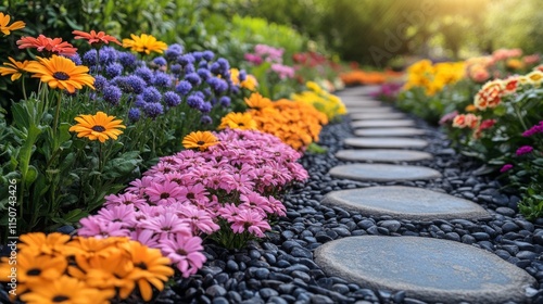 Colorful flower garden with stone pathway during sunny morning