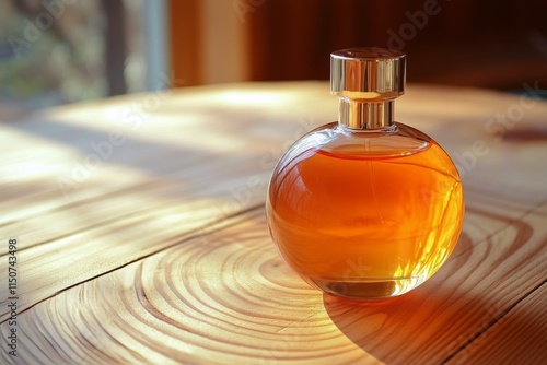 Elegant glass perfume bottle capturing sunlight on a wooden table