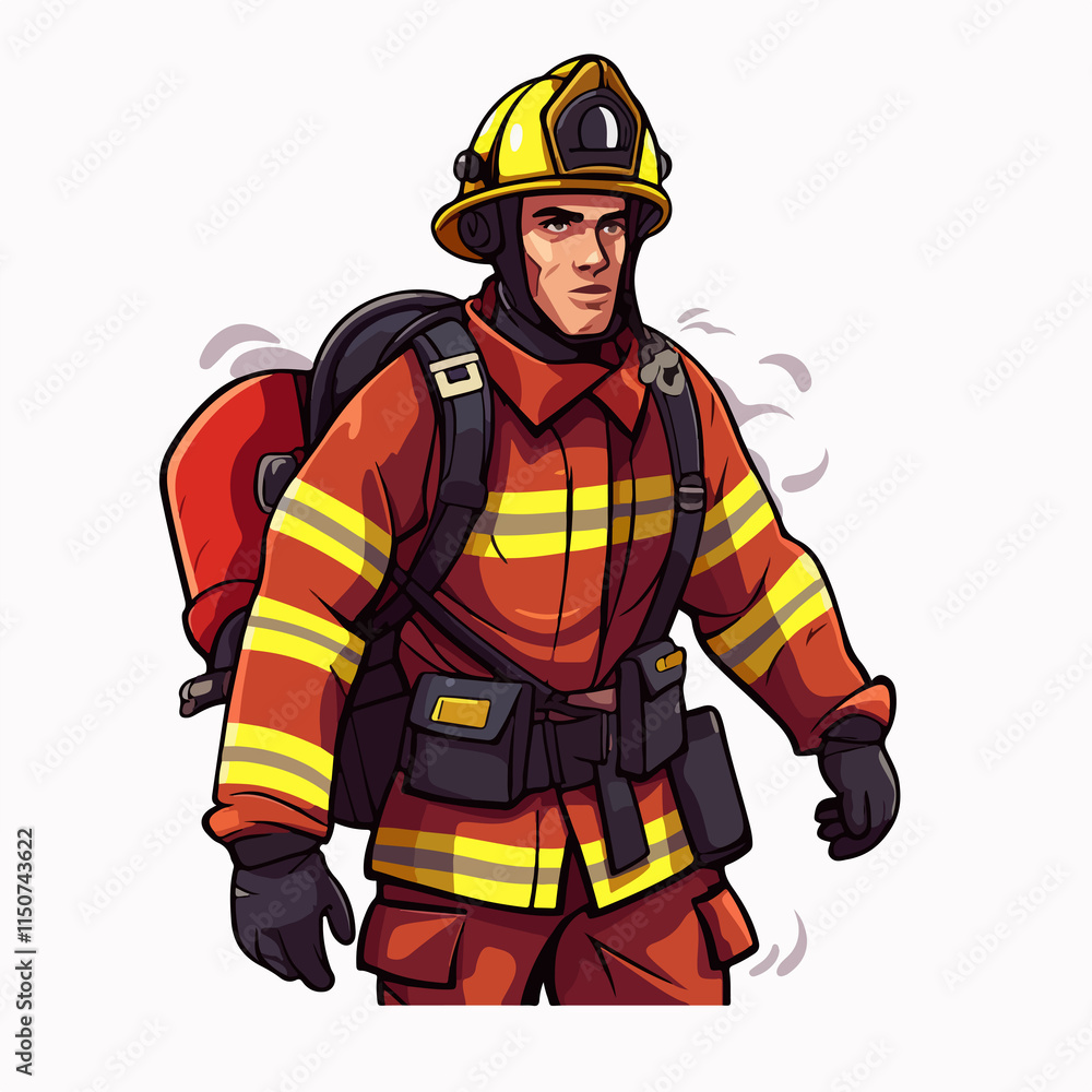 Heroic firefighter in cartoon vector illustration for rescue and safety missions Heroic firefighter in cartoon vector illustration for rescue and safety missions