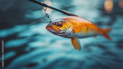 Close-up of a fishing rod with droplets resting on its surface near calm water