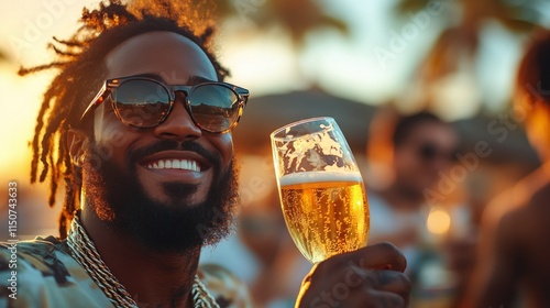 Happy man enjoying a drink at a tropical sunset celebration with friends