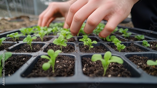 Gardener nurturing young lettuce plants in a greenhouse during early spring s...