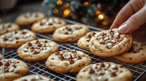 Freshly baked cookies being removed from a wire rack in a cozy kitchen