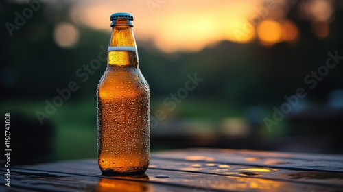 Refreshing bottle of cold beverage at sunset on wooden table in nature