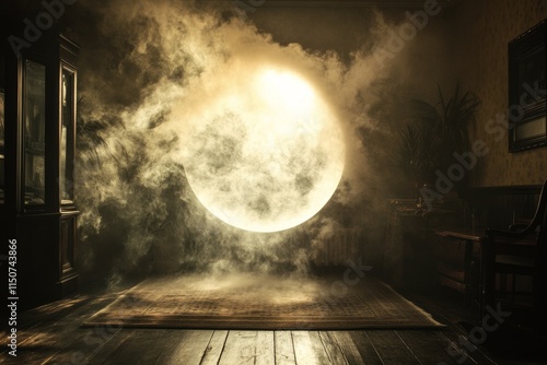 Mysterious glowing moon illuminating a foggy room at night