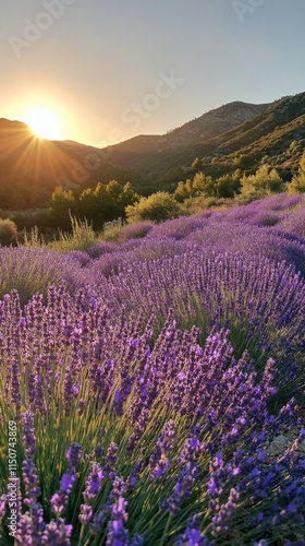 Lavender field blooms under warm sunlight during golden hour
