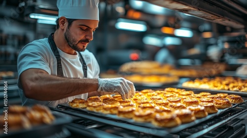 Baker prepares fresh tart pastries in a bustling kitchen during morning hours