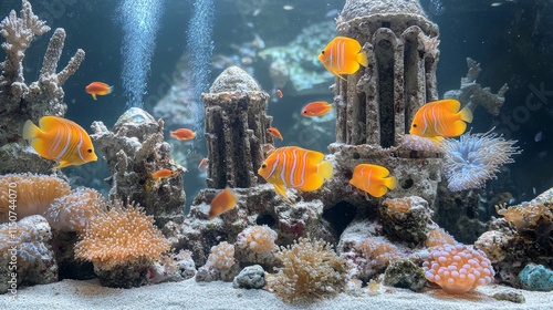 Vibrant underwater scene with colorful fish swimming among coral structures