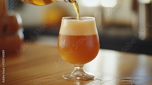Craft beer being poured into a clear glass on a wooden table