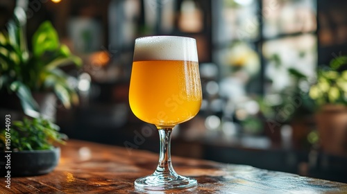 Refreshing craft beer served in a glass at a trendy bar during evening hours