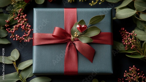 Beautifully wrapped gift with floral decoration on elegant surface