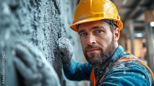 Construction worker applying plaster with a smile at a building site during t...