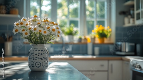 Bright kitchen with daisies in a vase and afternoon sunlight streaming throug...
