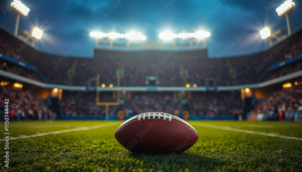 A close-up of an American football resting on a grass field under bright stadium lights, capturing the spirit of a night game. A close-up of an American football resting on a grass field under bright stadium lights, capturing the spirit of a night game.