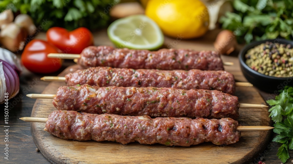 Freshly Made Skewers of Ground Meat with Vegetables and Spices Freshly Made Skewers of Ground Meat with Vegetables and Spices