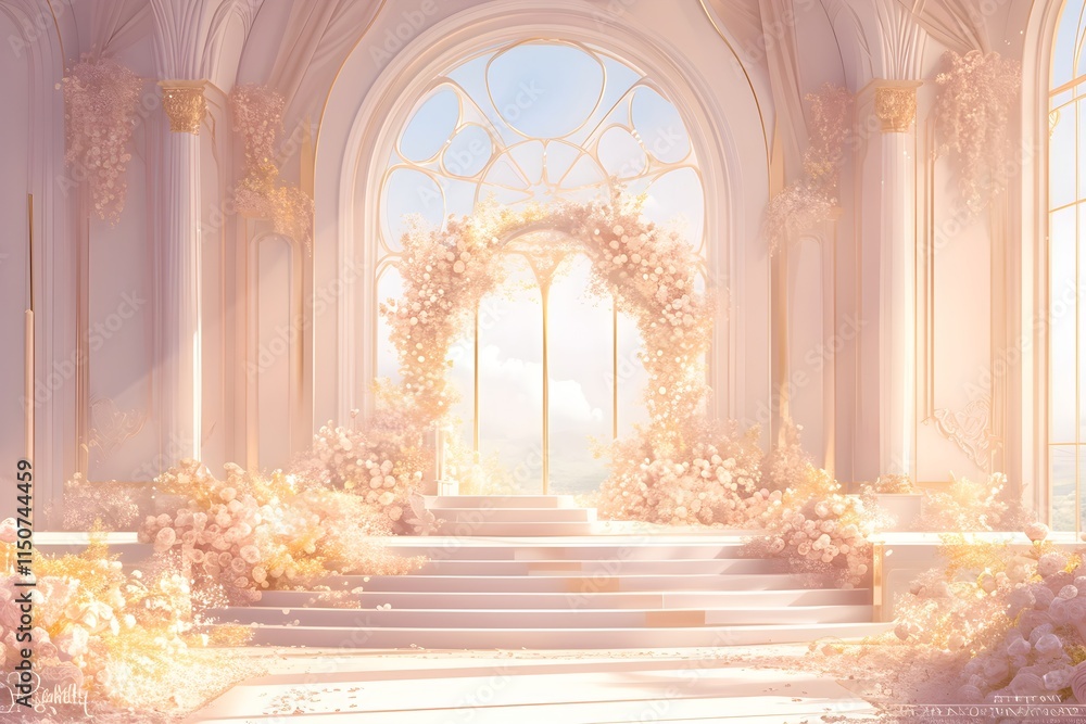 Fototapeta premium Elegant empty church or cathedral hall decorated with pink flowers for wedding ceremony. Beautiful venue for Christian wedding, baptism and religion event. Festive design with copy space