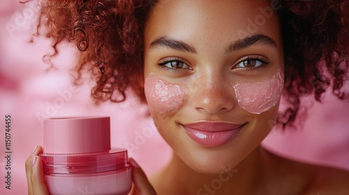 Smiling woman holding natural skincare product in bright indoor setting with ...