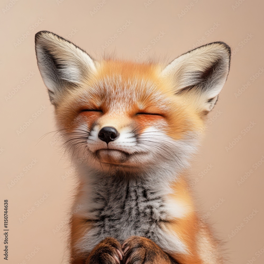 Adorable red fox cub with closed eyes and paws together in a meditative gesture. Adorable red fox cub with closed eyes and paws together in a meditative gesture.