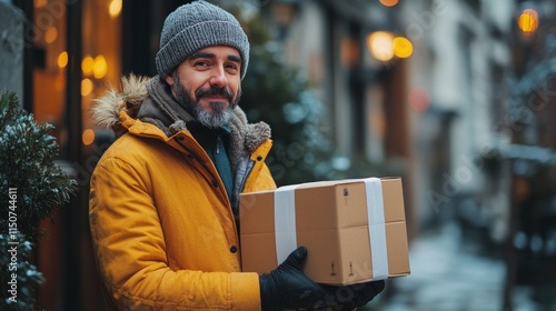 Woman holds package in snowy street during winter evening shopping