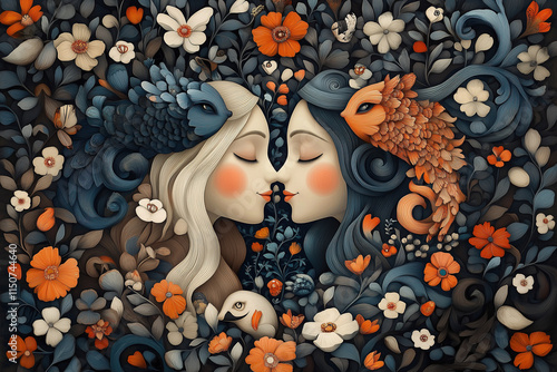 Whimsical illustration of two women kissing, surrounded by flowers and fish.
