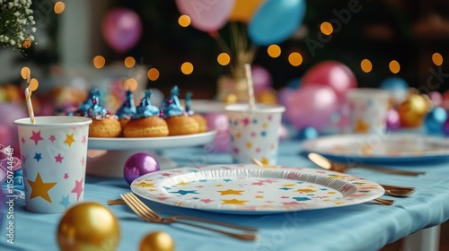 Celebration table setting with cake, party cups, and decorative plates during...
