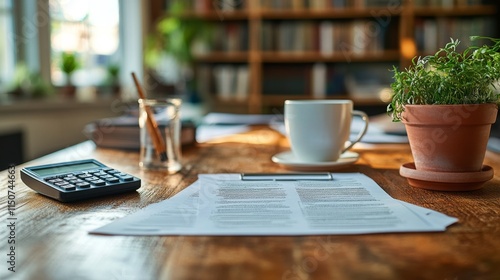 Calculator, documents, and plants on desk with sunlight streaming through the...