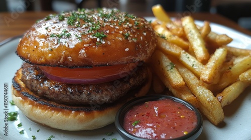 Juicy burger with crispy fries served at a casual dining restaurant during lu...