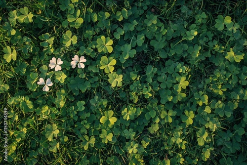 Clover field with white flowers blooming under sunlight in springtime