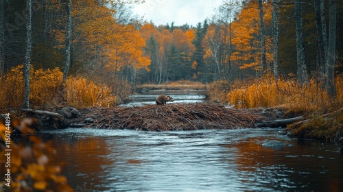 Beaver builds dam in autumn along tranquil riverbank surrounded by vibrant fo...