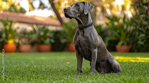 Beautiful gray dog sits in lush green yard at sunset near cozy home