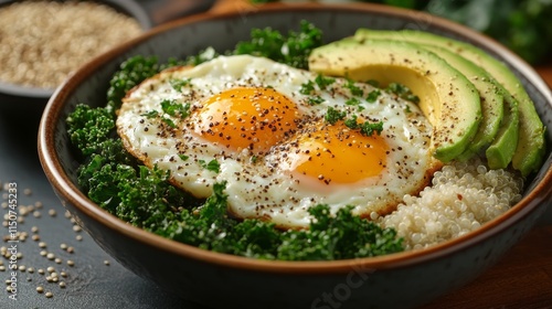 Colorful breakfast bowl with scrambled eggs, avocado, kale, and pomegranate