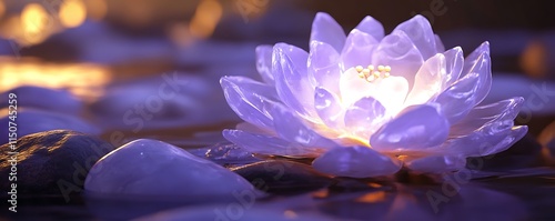 A serene lavender-colored marble flower illuminated by soft ambient lighting