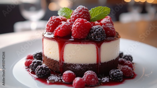 Delicious dessert with fresh berries and chocolate on a dark background