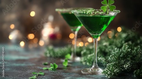 Refreshing green cocktail garnished with clover in a festive atmosphere