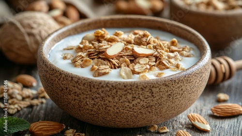 Nutritious oatmeal topped with almonds in a rustic bowl on a wooden table