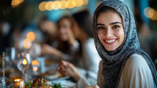 Elegant celebration with smiling woman wearing traditional attire at a festiv...