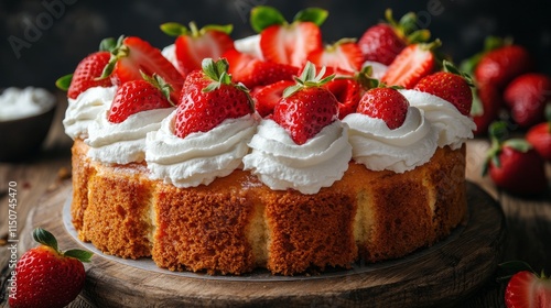 Fresh strawberry shortcake topped with whipped cream on wooden surface