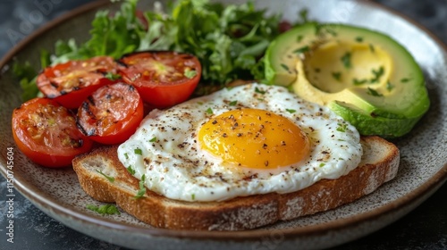 Delicious breakfast featuring fried egg on toast with grilled tomatoes and av...