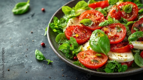 Fresh caprese salad with tomatoes, mozzarella, and basil on a dark rustic table