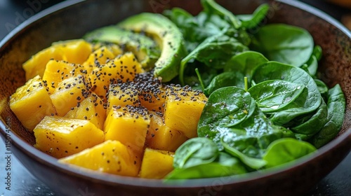Fresh fruit and vegetable arrangement featuring pineapples and avocados on a ...