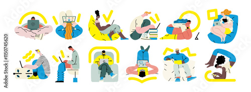 Creative workspace, modern flat vector concept illustration of a person working with a computer Remote work, flexibility, independence, efficiency, mobility, synergy, freedom