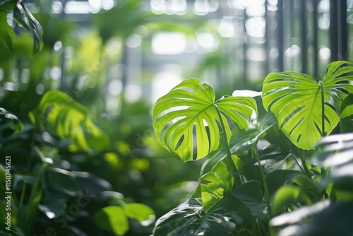 Lush green leaves thriving in a bright indoor garden during the afternoon