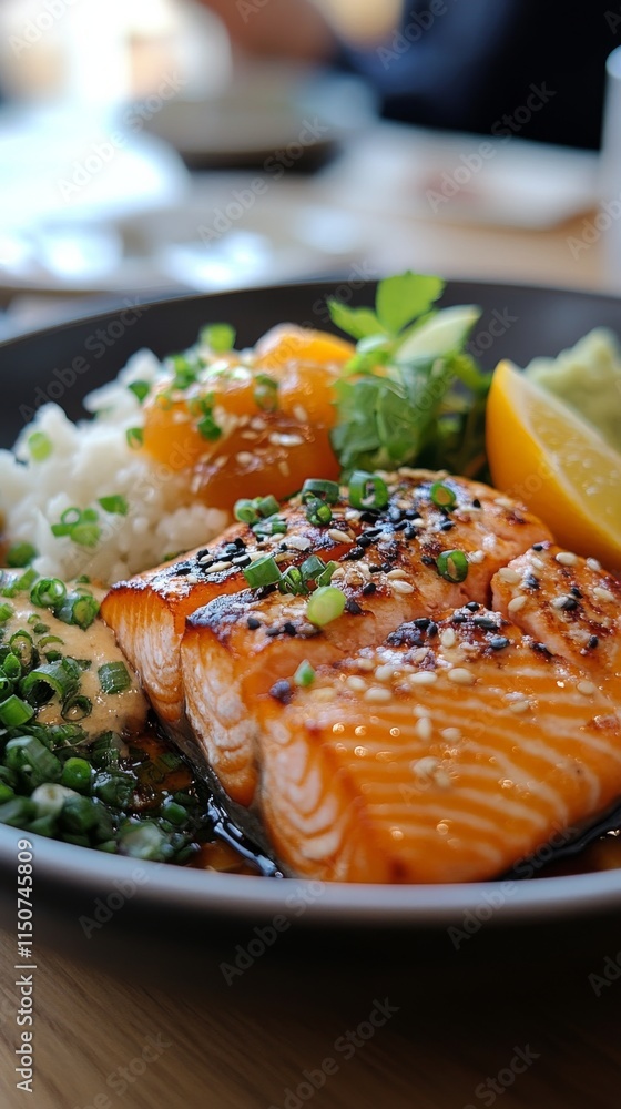 Delicious grilled salmon served with quinoa and fresh vegetable salad on a rustic plate Delicious grilled salmon served with quinoa and fresh vegetable salad on a rustic plate