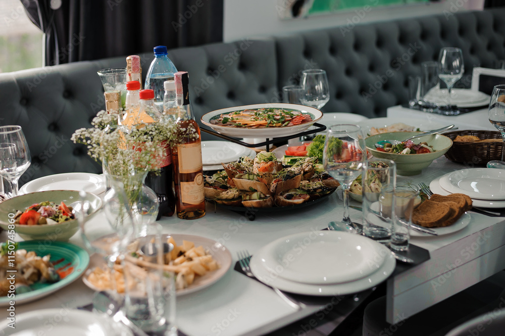 Elegant Dining Table Set with Gourmet Dishes and Refreshing Drinks Elegant Dining Table Set with Gourmet Dishes and Refreshing Drinks