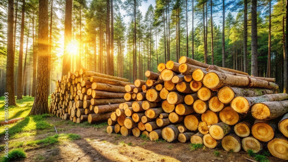 Sunbeams illuminate a forest clearing, where a stack of freshly cut logs rests, their rough surfaces gleaming under the warm golden light. Sunbeams illuminate a forest clearing, where a stack of freshly cut logs rests, their rough surfaces gleaming under the warm golden light.