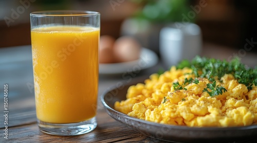 Breakfast spread with scrambled eggs and fresh juice on wooden table in cozy ...