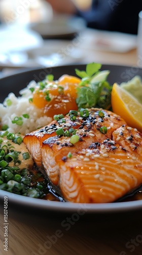 Delicious grilled salmon served with quinoa and fresh vegetable salad on a ru...