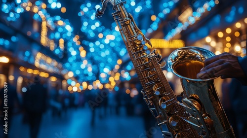 Saxophone shines brightly against a backdrop of warm bokeh lights in a cozy s...