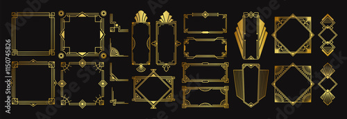 Golden art deco frames luxury shining beautiful decoration design element in geometric style set